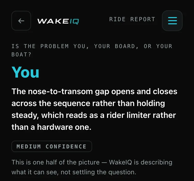 The WakeIQ ride report on a phone: the verdict reads You, with its confidence stated underneath.