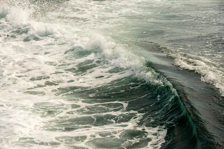 Photo: a boat wake seen along its length, a smooth face rolling into a soft crumbling crest.